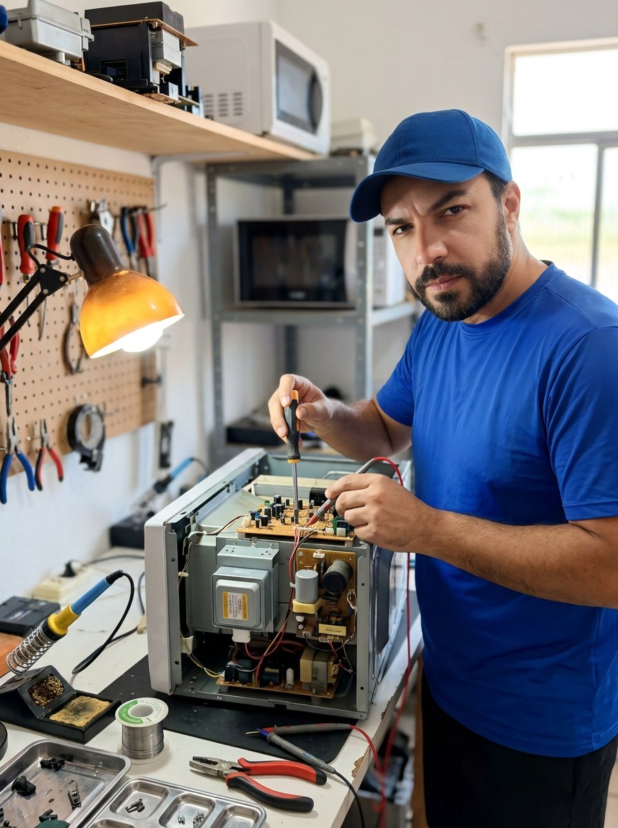 Marcos Roberto Tiriba consertando um microondas aberto na bancada da oficina